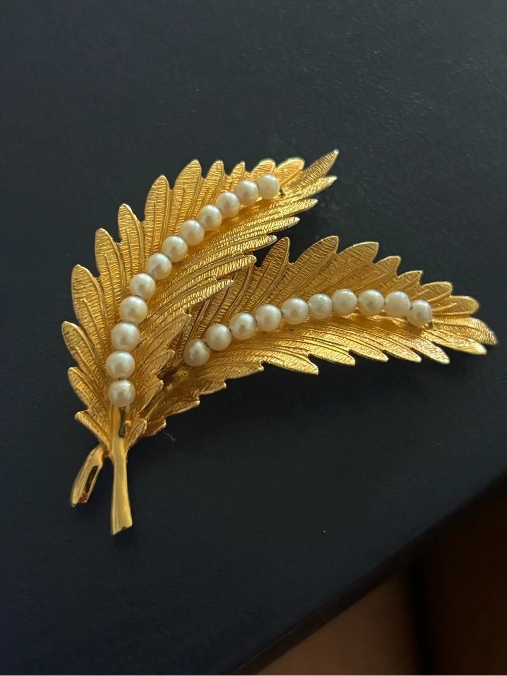 Gold Leaf Brooch with Pearl Accents - Women Jewelry